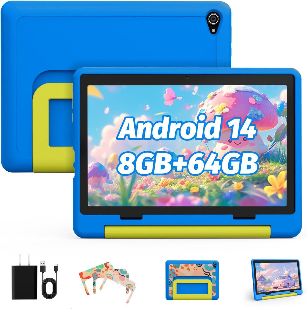 Yicty Children's Tablet, Upgraded Android 14 Tablet, 10 Inch for Children with Protective Case, Octa-Core, 8 + 64 GB 1TF Card Expandable, Dual Camera, Child Lock, Pre-installed KIDOZ, Perfect for kids