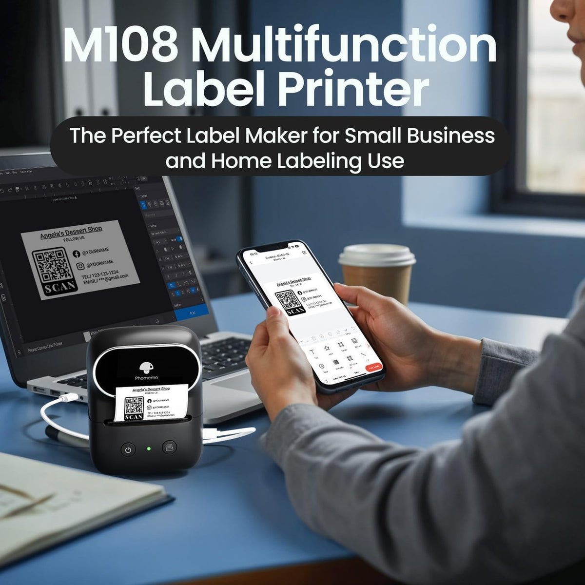 Phomemo M108 Label Printer, Bluetooth Label Printer, Self-Adhesive Thermal Labeling Device, Portable Label Printer for Barcode, Retail, Office, Compatible with Phones and PC System - Black