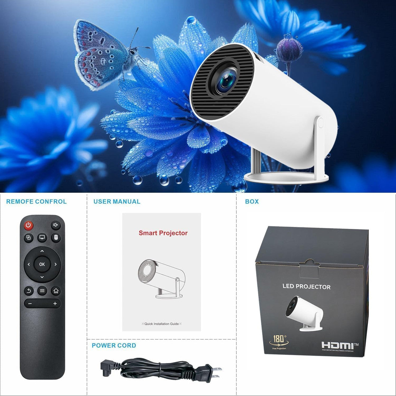 Mini Portable Projector Projector 4K 1080P Full HD Compatible Android 11 Netflix WiFi 6 BT5.2 Correction Trapezoid 180° Rotation Built-in Speaker HDMI/USB/TV Stick/PS5