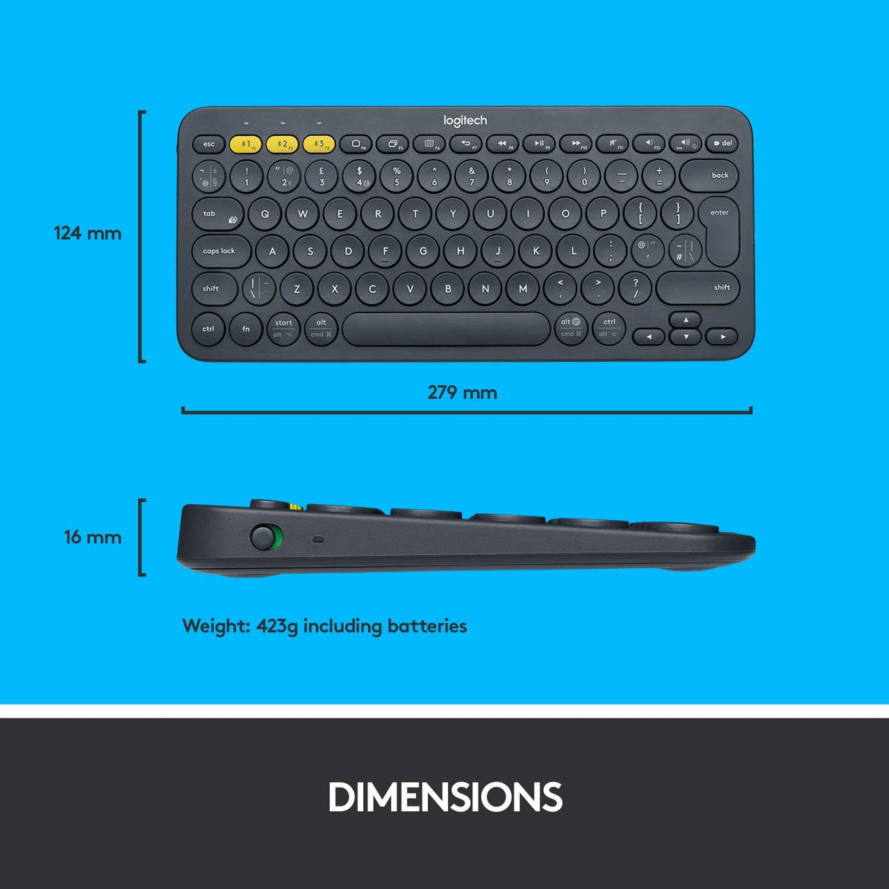 Logitech K380 Wireless Multi-Device Keyboard for Windows, Apple iOS, Apple TV android or Chrome, Bluetooth, Compact Space-Saving Design, PC/Mac/Laptop/Smartphone/Tablet, QWERTY UK Layout - Black