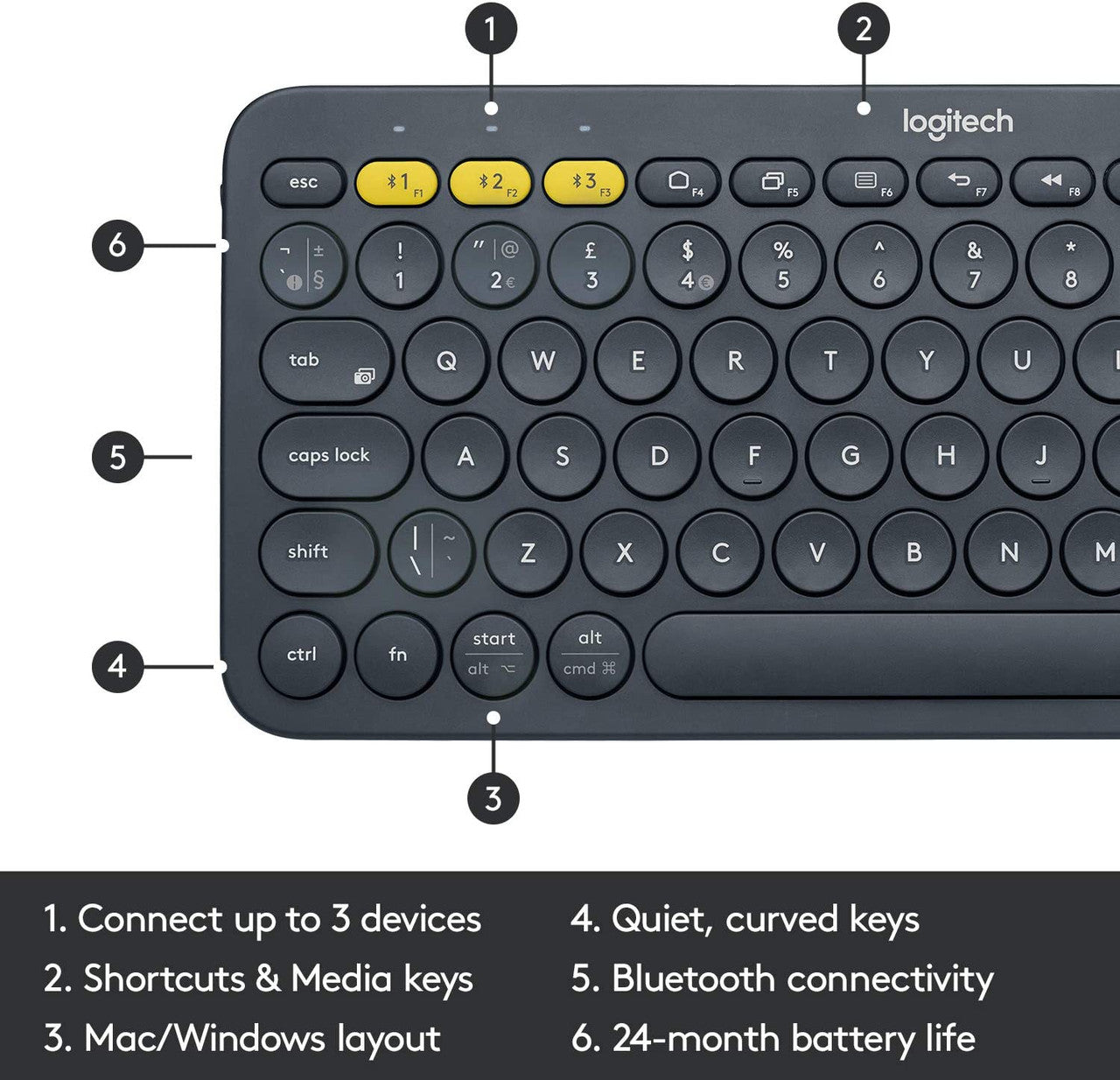 Logitech K380 Wireless Multi-Device Keyboard for Windows, Apple iOS, Apple TV android or Chrome, Bluetooth, Compact Space-Saving Design, PC/Mac/Laptop/Smartphone/Tablet, QWERTY UK Layout - Black