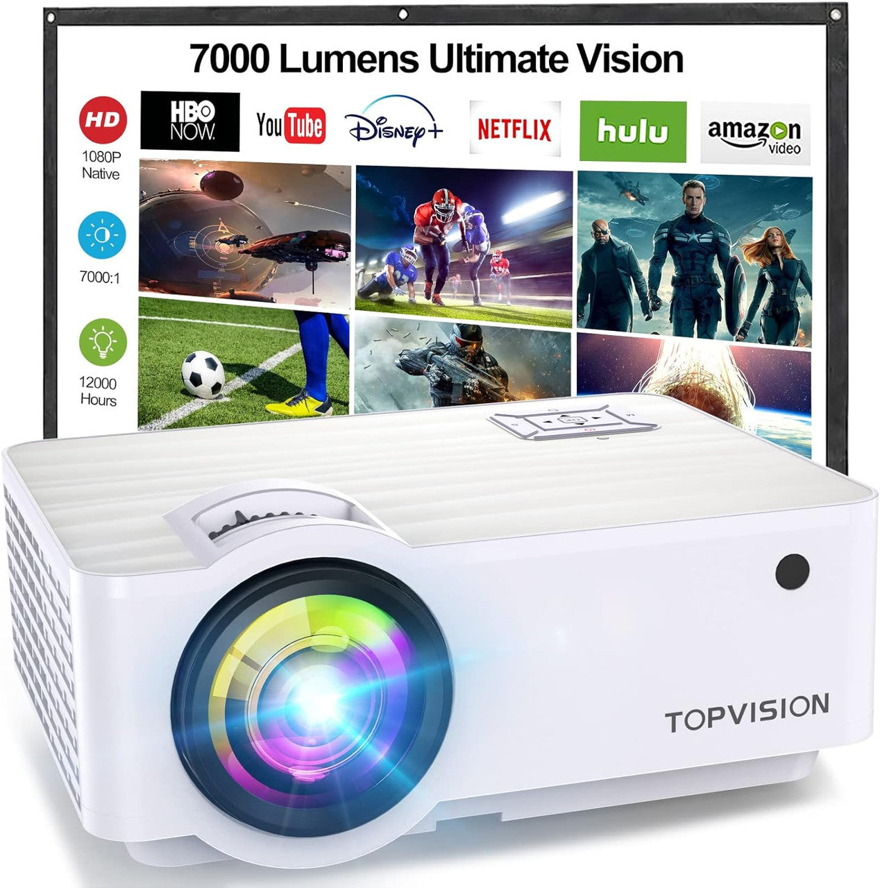 Mini Projector, Native 720P Home Cinema Projector Supports 1080P Full HD, 7000 Lux Video Projector with 300 Inch Display, 120,000 Hours LED Projector Compatible with HDMI/USB/SD/AV/VGA
