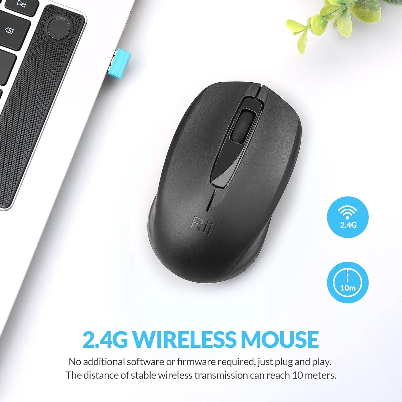 Rii Wireless Mouse 2.4G Wireless Mouse with USB Receiver (located in the battery compartment on the back of the mouse) for left and right handed users, PC/Laptop/Windows, black