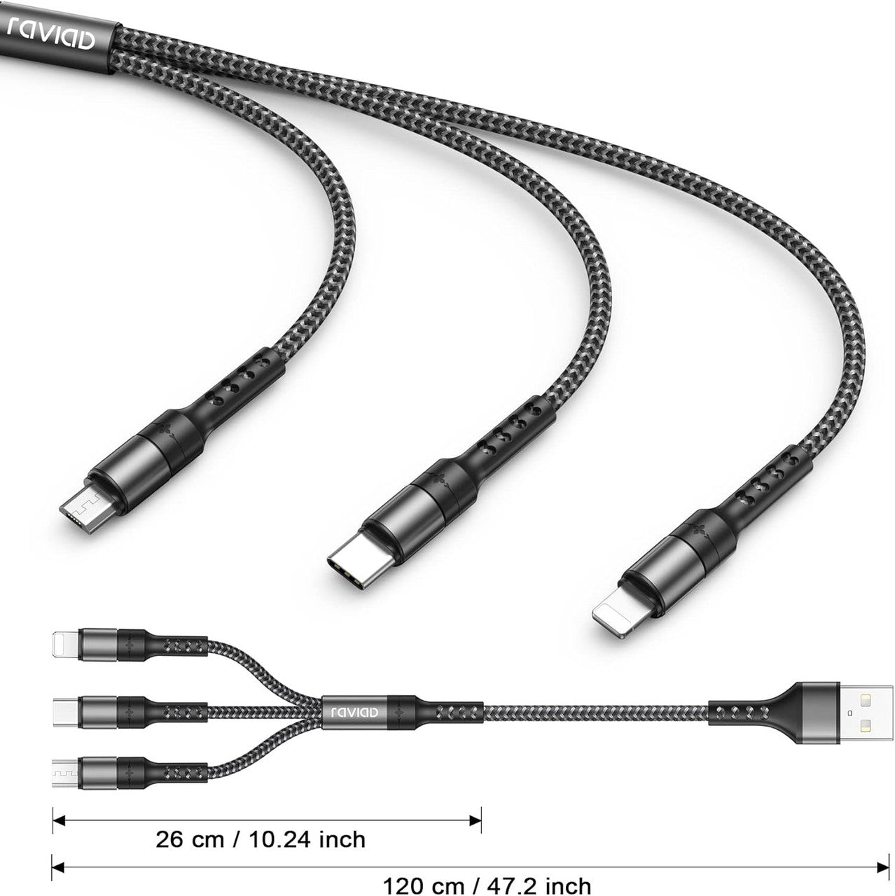 RAVIAD 3-in-1 Charging Cable, USB Cable, 3A Rapid Charging, USB Type C Cable, Micro USB Cable, Phone Charging Cable, Supports 3 Devices Simultaneously Charging, Compatible with All Phones, Android