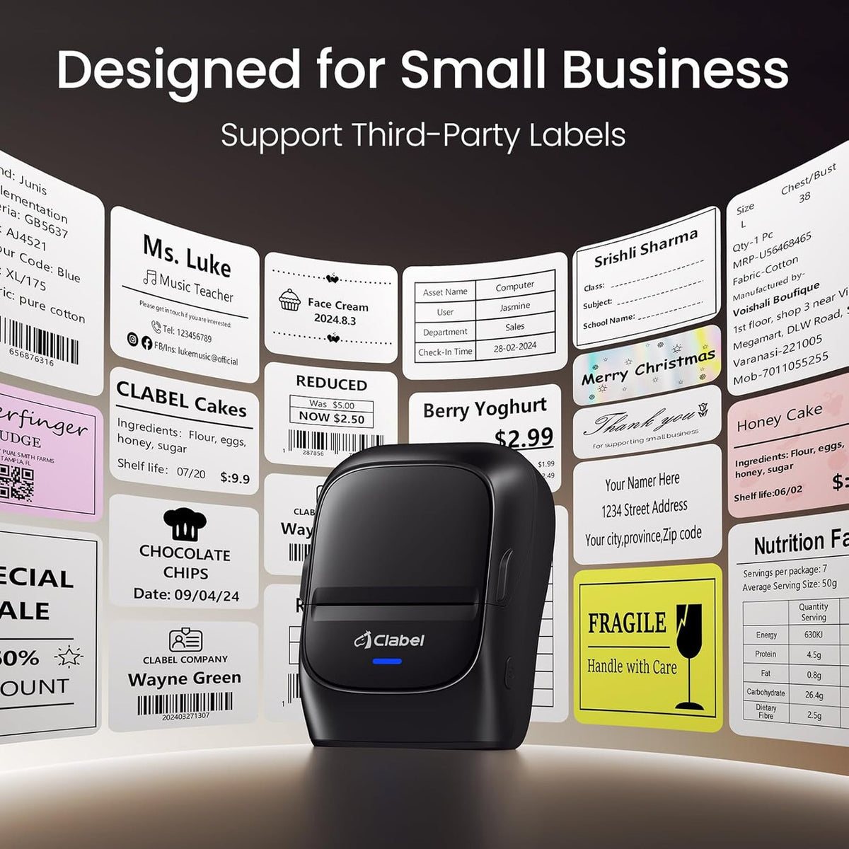 CLABEL Portable Thermal Label Printer: 221B Bluetooth Barcode Printer 2 Inch Wireless Label Maker Machine Compatible with iOS & Android for Small Business with 1 Roll 40x30mm