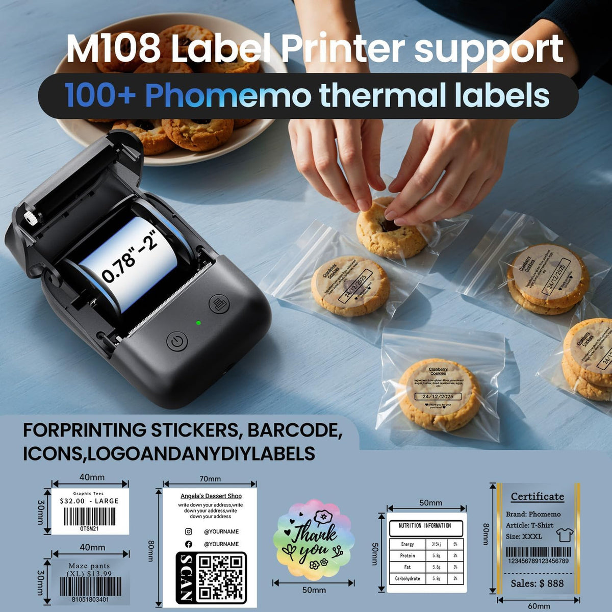 Phomemo M108 Label Printer, Bluetooth Label Printer, Self-Adhesive Thermal Labeling Device, Portable Label Printer for Barcode, Retail, Office, Compatible with Phones and PC System - Black