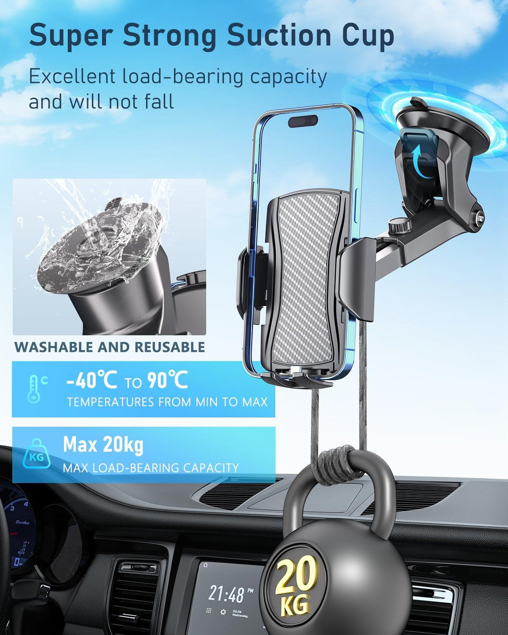Hoppac Phone Holder for Cars, Ultra Strong Suction Car Phone Mount Cradle for Dashboard Windscreen, 360° Rotation & One Button Release, for iPhone Smartphone 4.0''-7.0''