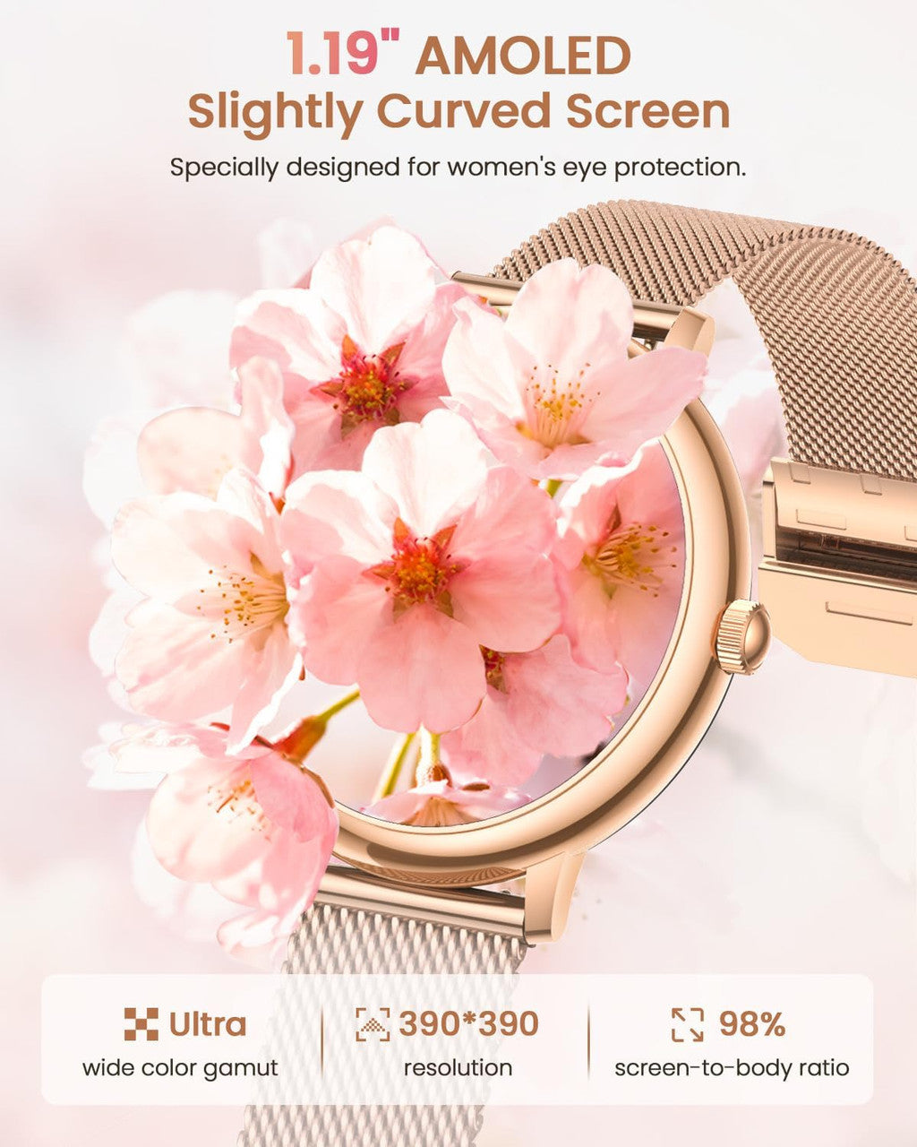 RUXINGX Women's Smart Watch G58, Round Elegant 1.19-Inch AMOLED Touch Screen, Smartwatch with Calls, Female Function, 120+ Sports Heart Rate Monitor SpO2 Sleep Pedometer Android iOS Christmas Gift Gold