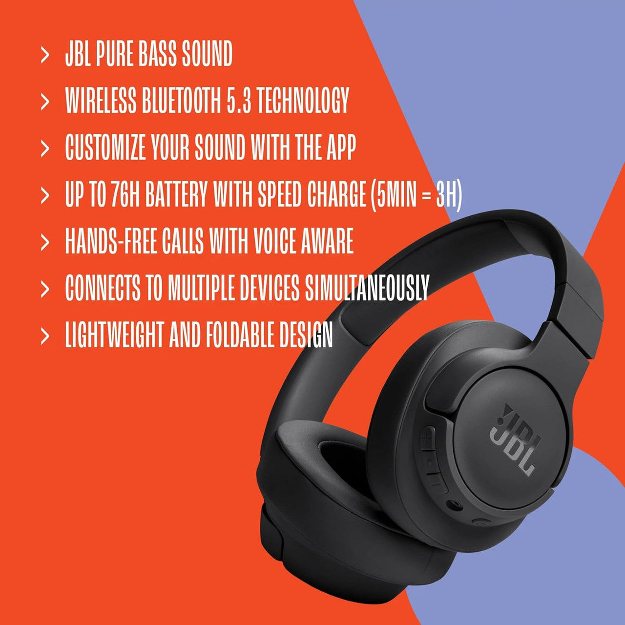 JBL Tune 720 BT Wireless Over-Ear Headphones with JBL Pure Bass Sound, Bluetooth 5.3, Hands-Free Calls, Audio Cable and 76-Hour Battery Life, Blue