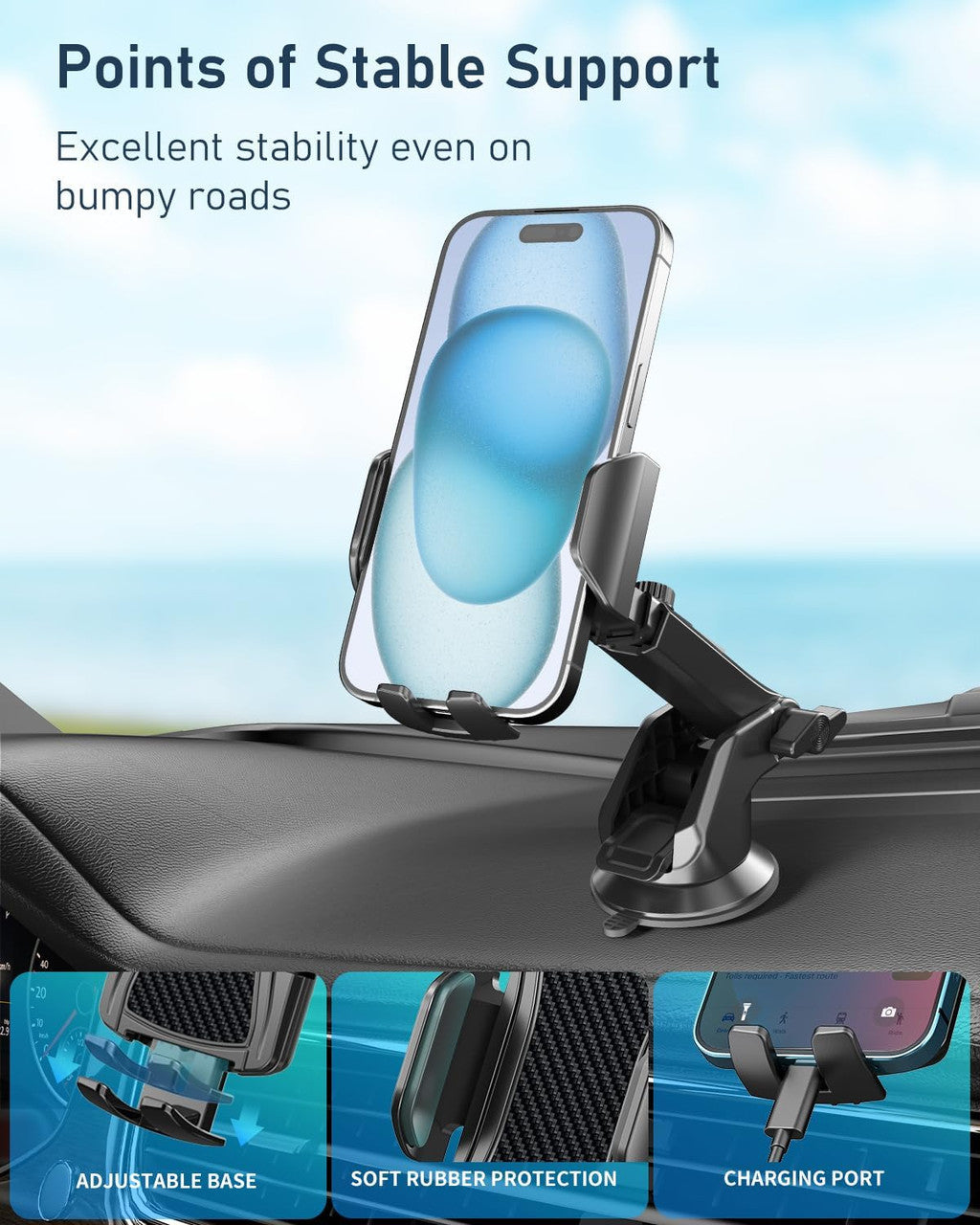 Hoppac Phone Holder for Cars, Ultra Strong Suction Car Phone Mount Cradle for Dashboard Windscreen, 360° Rotation & One Button Release, for iPhone Smartphone 4.0''-7.0''