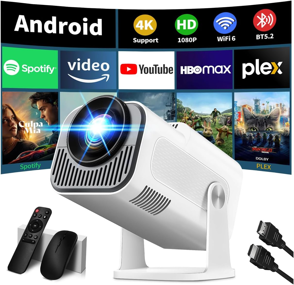 [Integrated App & 2026 Upgraded] 1080P 4K Projector with WiFi 6 Bluetooth 5.2 Mini Portable Projector Supports 270° Rotatable Auto Keystone Projector TV Stick/USB/HDMI/PC with HDMI Cable & Mouse, White.