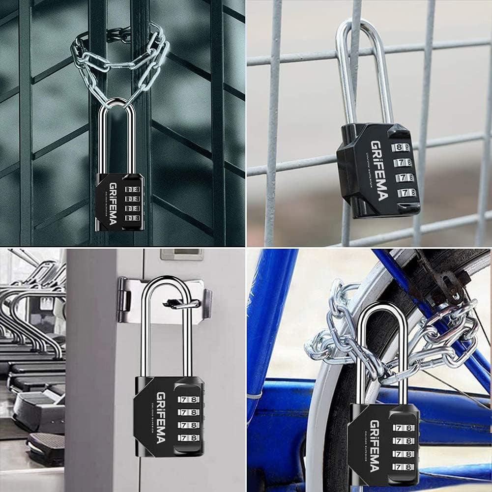 GRIFEMA 2 Pack Combination Lock 4 Digit with Long Shackle - Padlock Weatherproof Frost-Proof Lock with Combination Code Zinc Alloy Robust, Safe, Locks for Locker, Garage, Gate, School, Suitcase