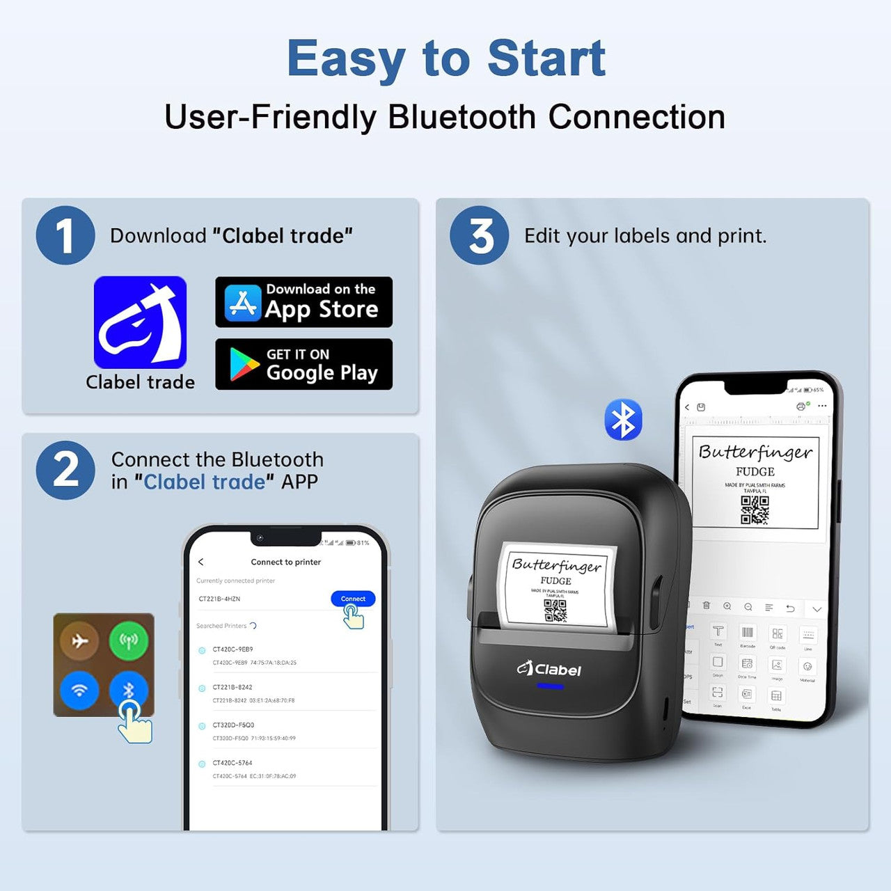 CLABEL Portable Thermal Label Printer: 221B Bluetooth Barcode Printer 2 Inch Wireless Label Maker Machine Compatible with iOS & Android for Small Business with 1 Roll 40x30mm