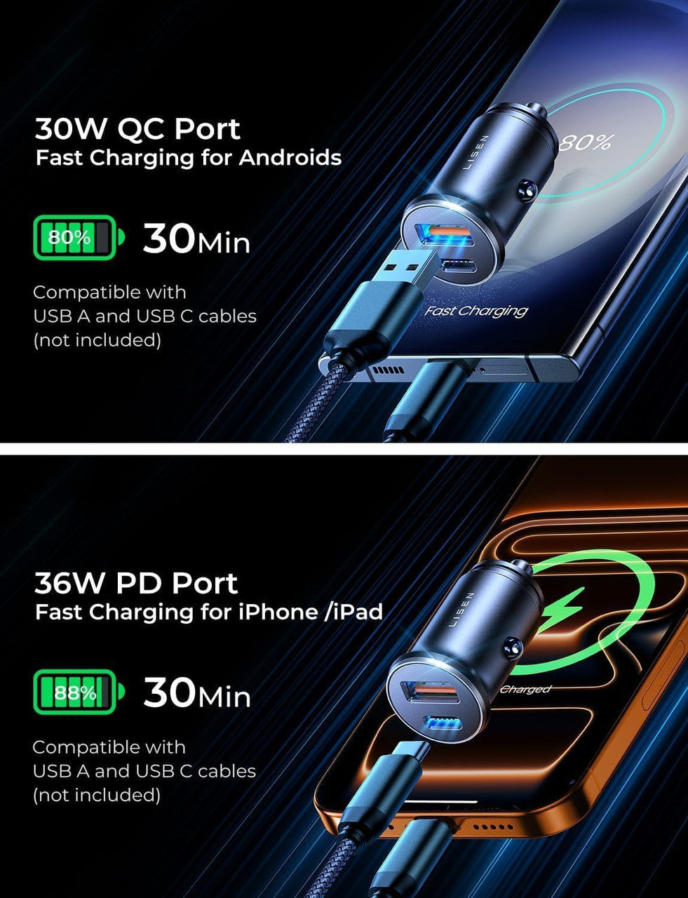 LISEN USB Car Cigarette Lighter Socket, 54W PD&QC3.0 12V Car Cigarette Lighter Charger USB C Cigarette Lighter Charger with iPhone 16 Pro Max 15 14 13 12/ iPad