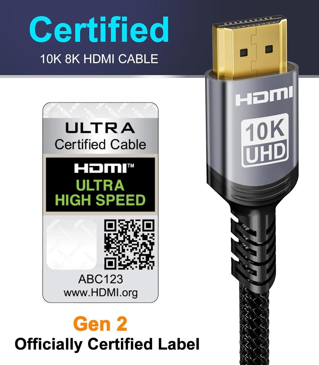 Sniokco 10K 8K HDMI 2.1 Cable 0.5M, Certified 48Gbps Ultra High Speed HDMI® Cable 0.01ms 4K 240Hz 165Hz 120Hz 8K 60Hz eARC HDCP 2.3 2.2 DTS:X HDR10+ TV Monitor Projector Roku Sky-Q