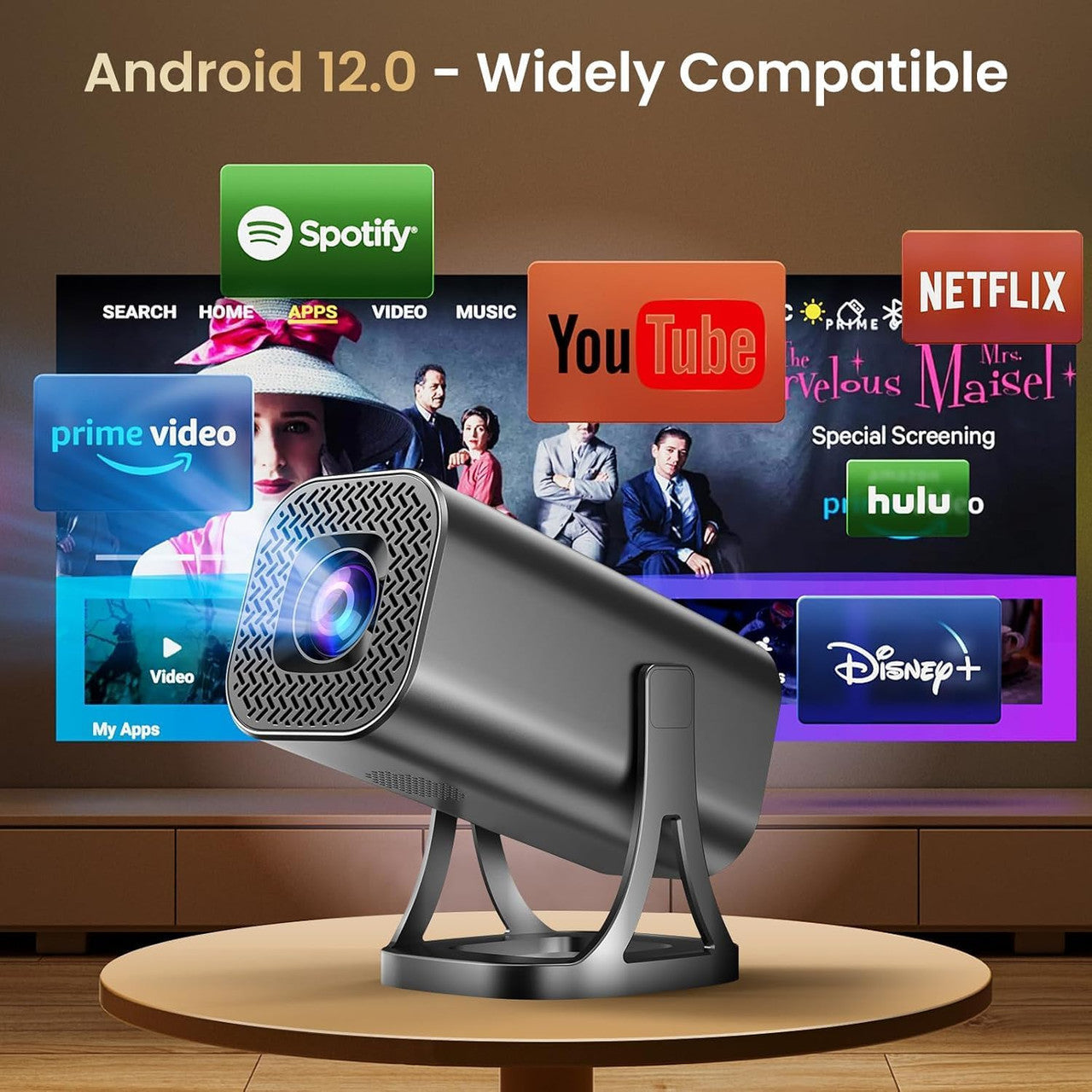 Mini Projector 4K 1080P Support, Mini Projector 22000L with Android 12.0, WiFi 6 and Bluetooth 5.4, Home Cinema Smart Projector with Car Keystone Mobile Phone 270° Rotation for PC/HDMI/USB/TF Card