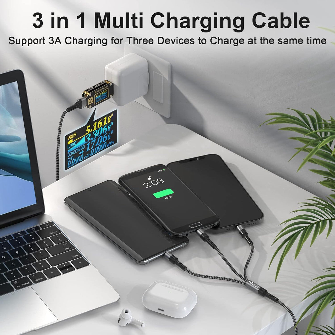 RAVIAD 3-in-1 Charging Cable, USB Cable, 3A Rapid Charging, USB Type C Cable, Micro USB Cable, Phone Charging Cable, Supports 3 Devices Simultaneously Charging, Compatible with All Phones, Android