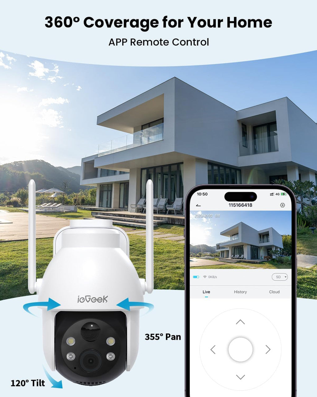ieGeek 2K Solar Security Camera Outdoor Wireless, 360° Pan Battery Camera with Solar Panel, Wifi CCTV Camera Systems, Color Night Vision, PIR Motion Detection, 2-Way Audio, Works with Alexa