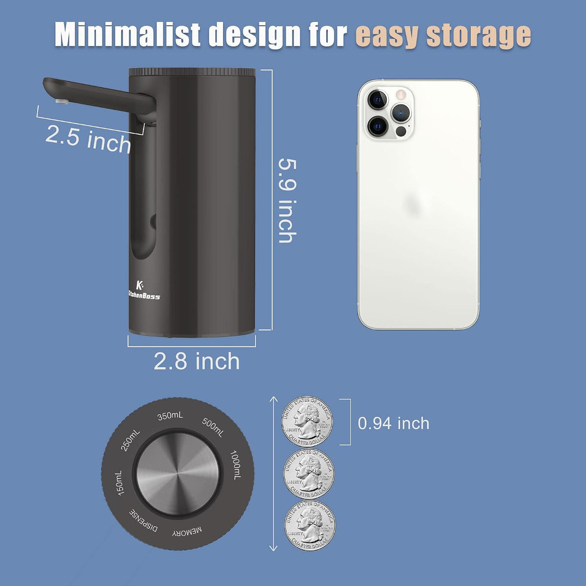KitchenBoss Electric Water Dispenser: USB Charging 1-5 Gallon Pump Bottle