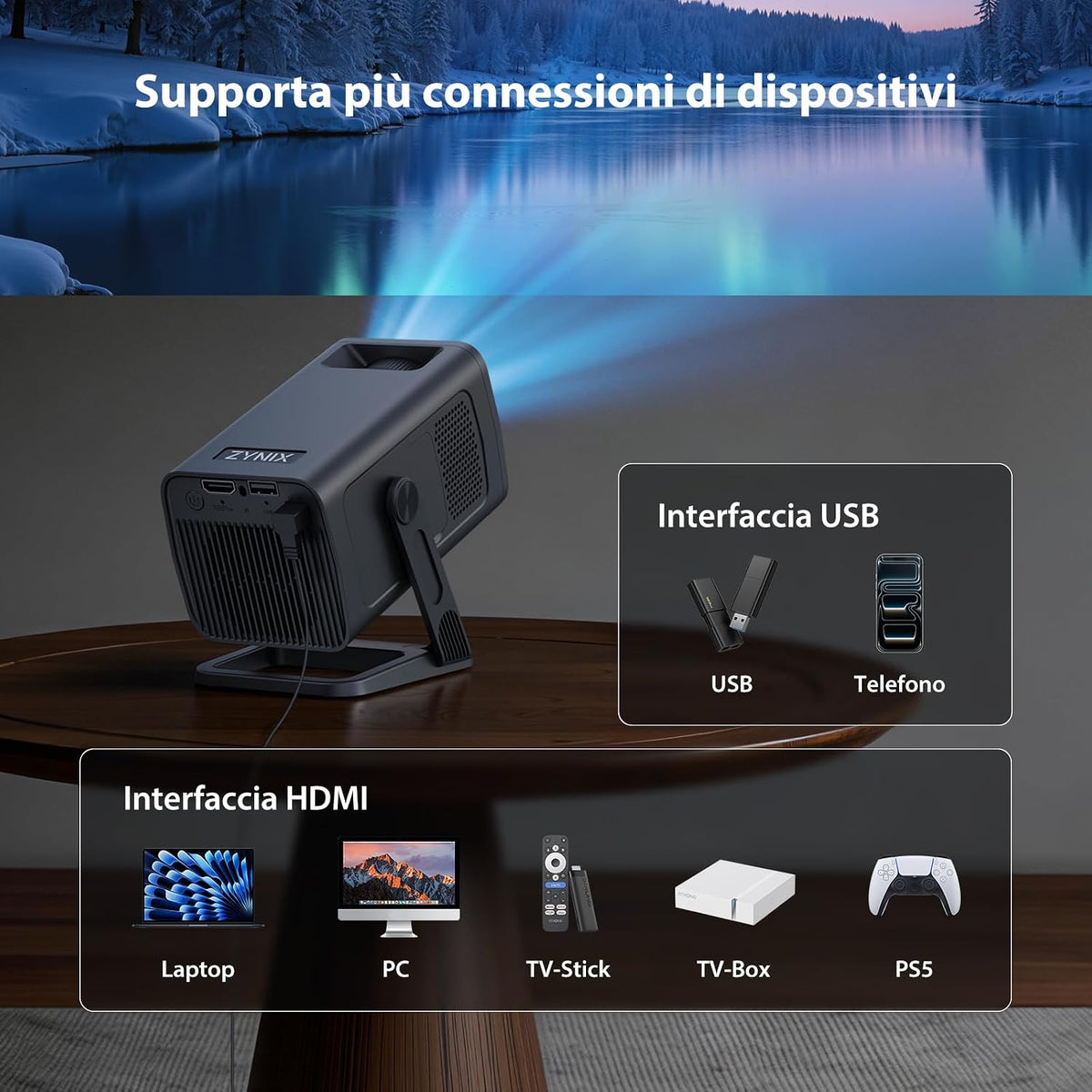 ZYNIX NIX500 Home Cinema Projector with Android 14 & Built-in Apps, Supports 4K & 1080P with WiFi 6 & Bluetooth 5.4, Auto Keystone & 210° Rotation for Home Cinema & Outdoor