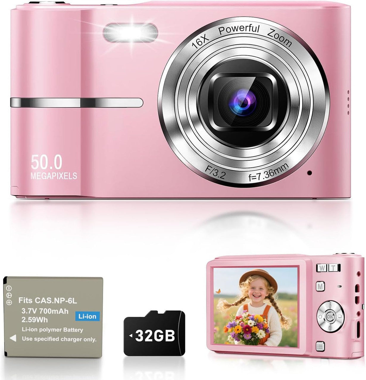 Digital Camera 50MP Photo Camera 1080P Video Camera with 16X Digital Zoom, 2.4 Inch Screen Vlogging Camera Mini Compact Camera for Children Teenagers 8G Card (Pink)