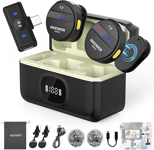 NEEWER Wireless Lavalier Microphone for iPhone Noise Cancelling Mini Lapel Mic Set with USB C OTG Charging Case 24H Battery 200m Long Range Compatible with iPhone 16 15 Android Phone PC Laptop, KM18