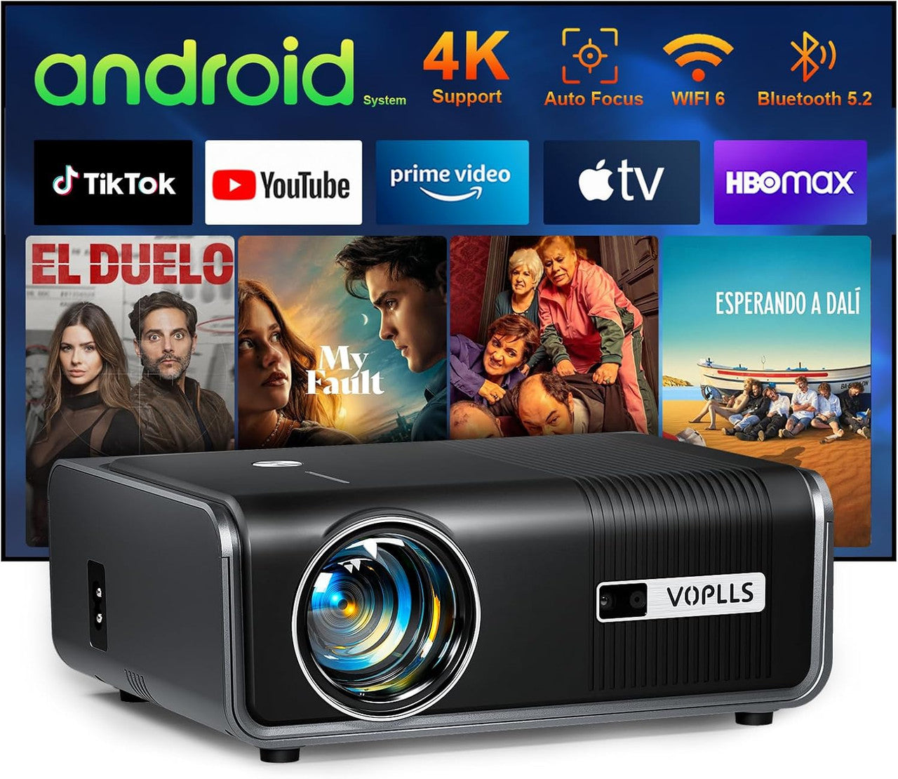 [Built-in -Apps & Auto Focus/Keystone] Smart Projector 4K, VOPLLS 25000L Native 1080P WiFi 6 Bluetooth Outdoor Projector, PPT, 50% Zoom Home Theater Movie Projector for Bedroom/iOS/Android