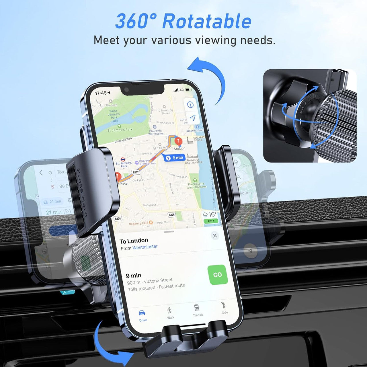 Blukar Car Phone Holder, Air Vent Car Phone Mount Cradle for 360° Rotation, Upgraded Ultra Stable Hook Clip - One Button Release Function for iPhone, Galaxy All 4.0''-7.0'' Smartphones