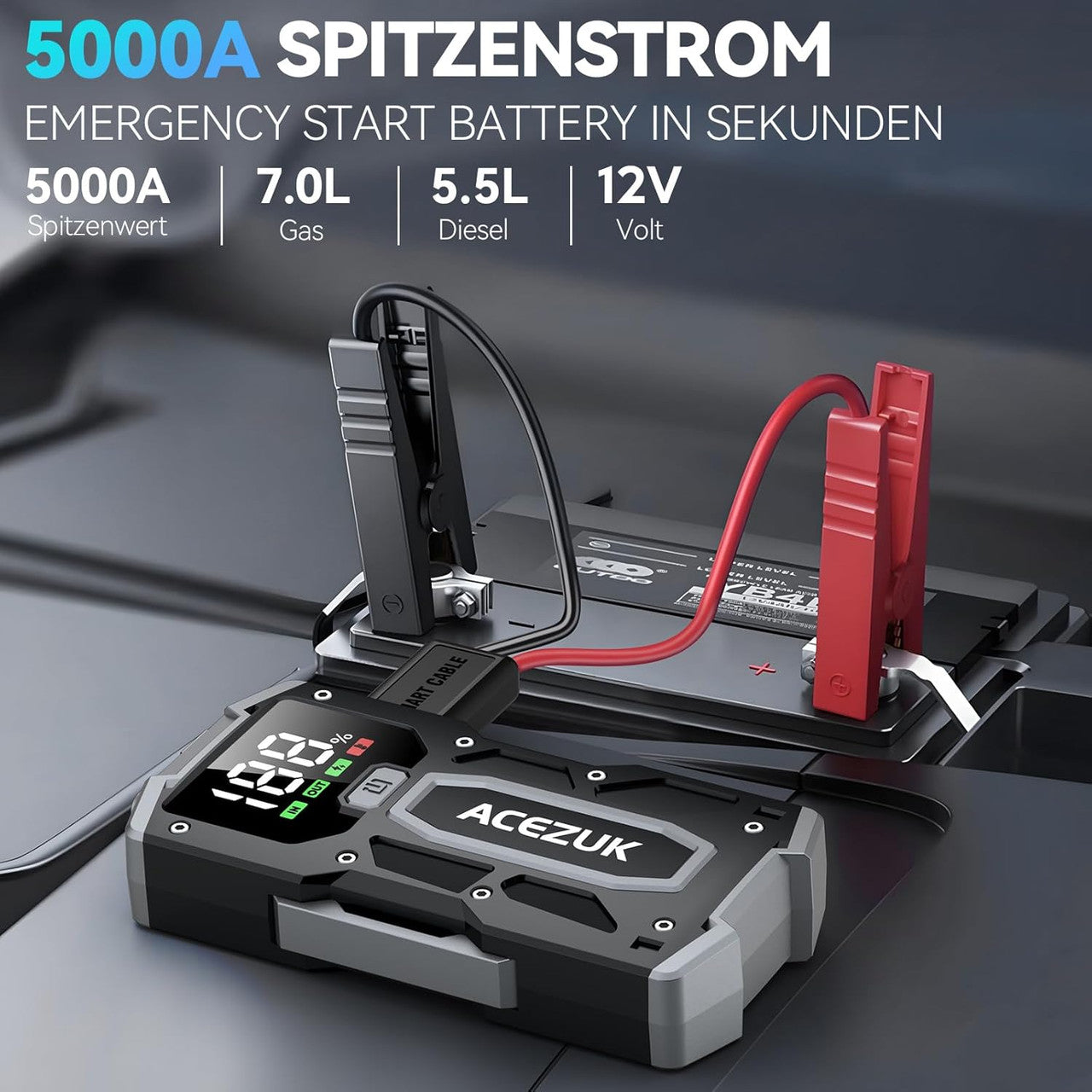 ACEZUK 5000 A Jump Starter Power Bank 12 V (up to 7.0 L Petrol or 5.5 L Diesel) Car Jump Starter with LED Torch, Large Screen, Jumper Screen, Car Battery Booster for SUV Motorcycle Lawn Mower
