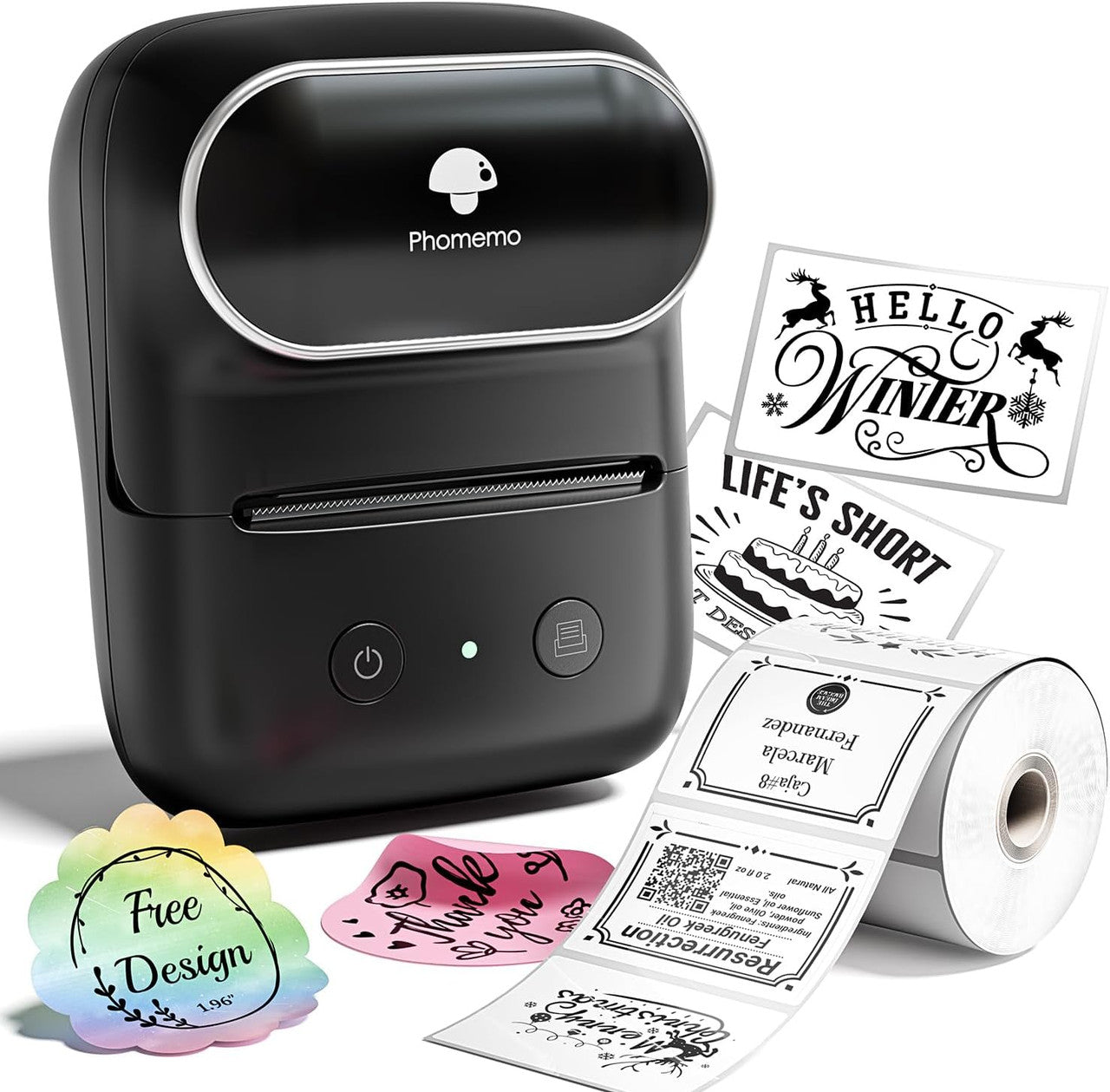Phomemo M108 Label Printer, Bluetooth Label Printer, Self-Adhesive Thermal Labeling Device, Portable Label Printer for Barcode, Retail, Office, Compatible with Phones and PC System - Black