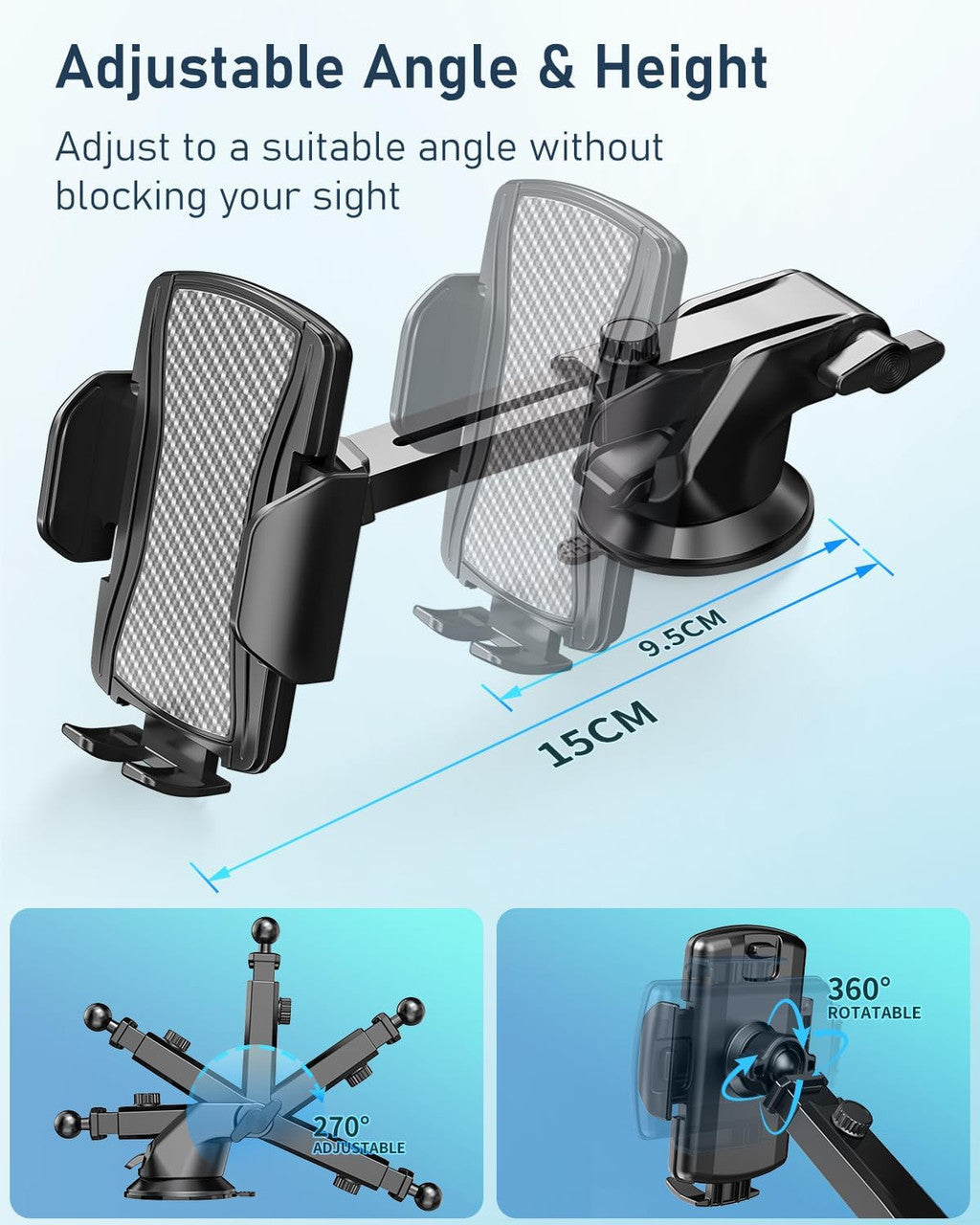 Hoppac Phone Holder for Cars, Ultra Strong Suction Car Phone Mount Cradle for Dashboard Windscreen, 360° Rotation & One Button Release, for iPhone Smartphone 4.0''-7.0''