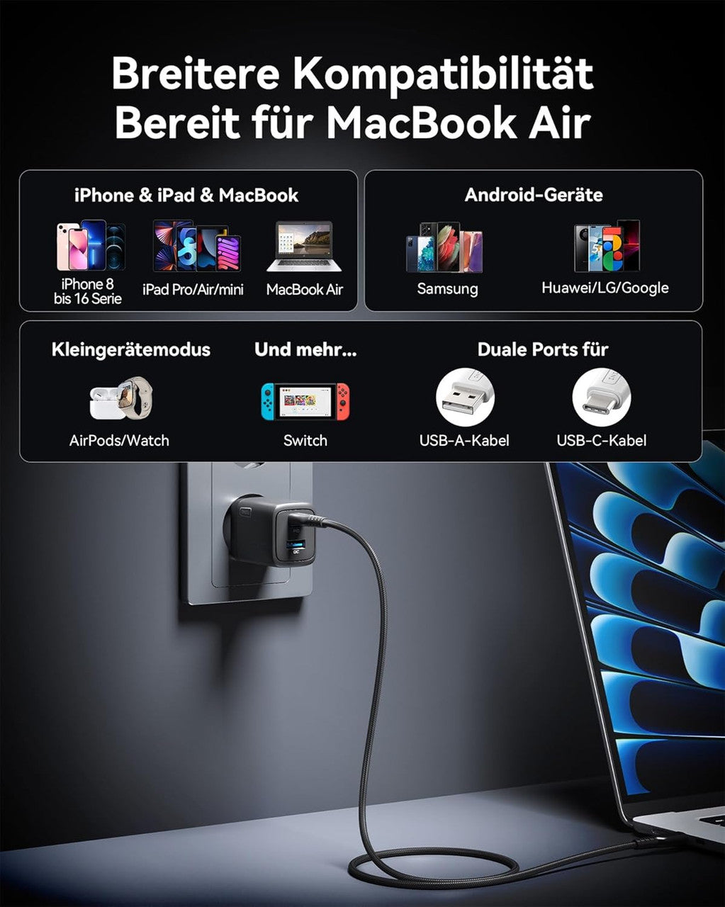 INIU 30 W USB C Charger, GaN Fast Charger with 1.5 m 60 W Cable, Dual Port Power Supply with Intelligent Device Protection for iPhone 17 16 Pro Max, iPad MacBook Air Galaxy S26 Pixel Xiaomi, Black