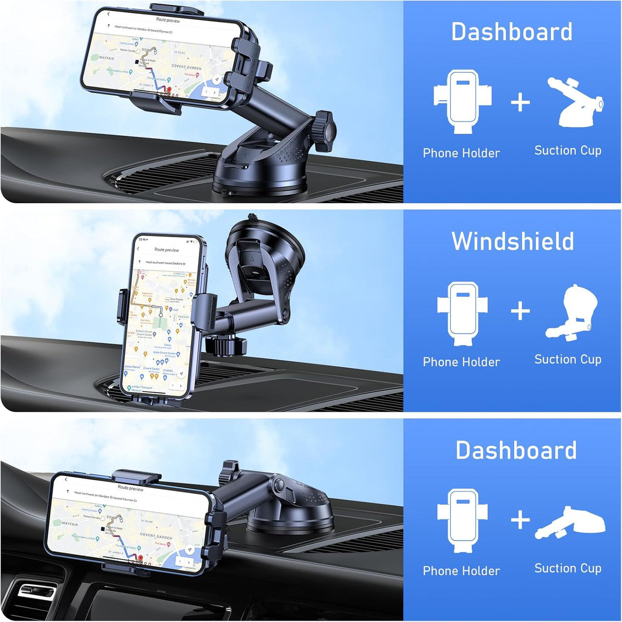 Blukar Car Phone Holder, Adjustable Car Phone Mount 360° Rotation for Dashboard/Windscreen, Upgraded Strong Suction - One Button Release Automobile Cradle for iPhone 4.0''-7.0'' Smartphones
