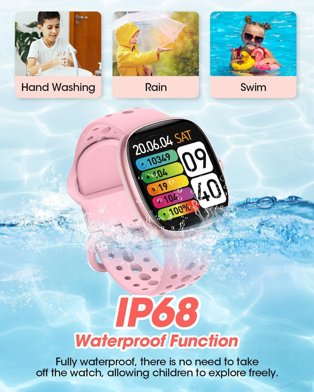 TotsyFun Children's Smartwatch for Boys and Girls, IP68 Waterproof Fitness Activity Tracker Watch, Heart Rate, Sleep Monitor, Pedometer, Alarm Clock, Children's Gifts for Teenagers from 5 Years, Pink