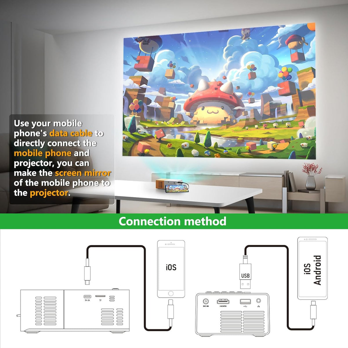 PVO Mini Projector Portable for Cartoon, Outdoor Video Projectors, LED Pico Movie Projectors for Home Theater, Kids Gift, Smartphone Can Directly Mirror to The Projector via Data Cable