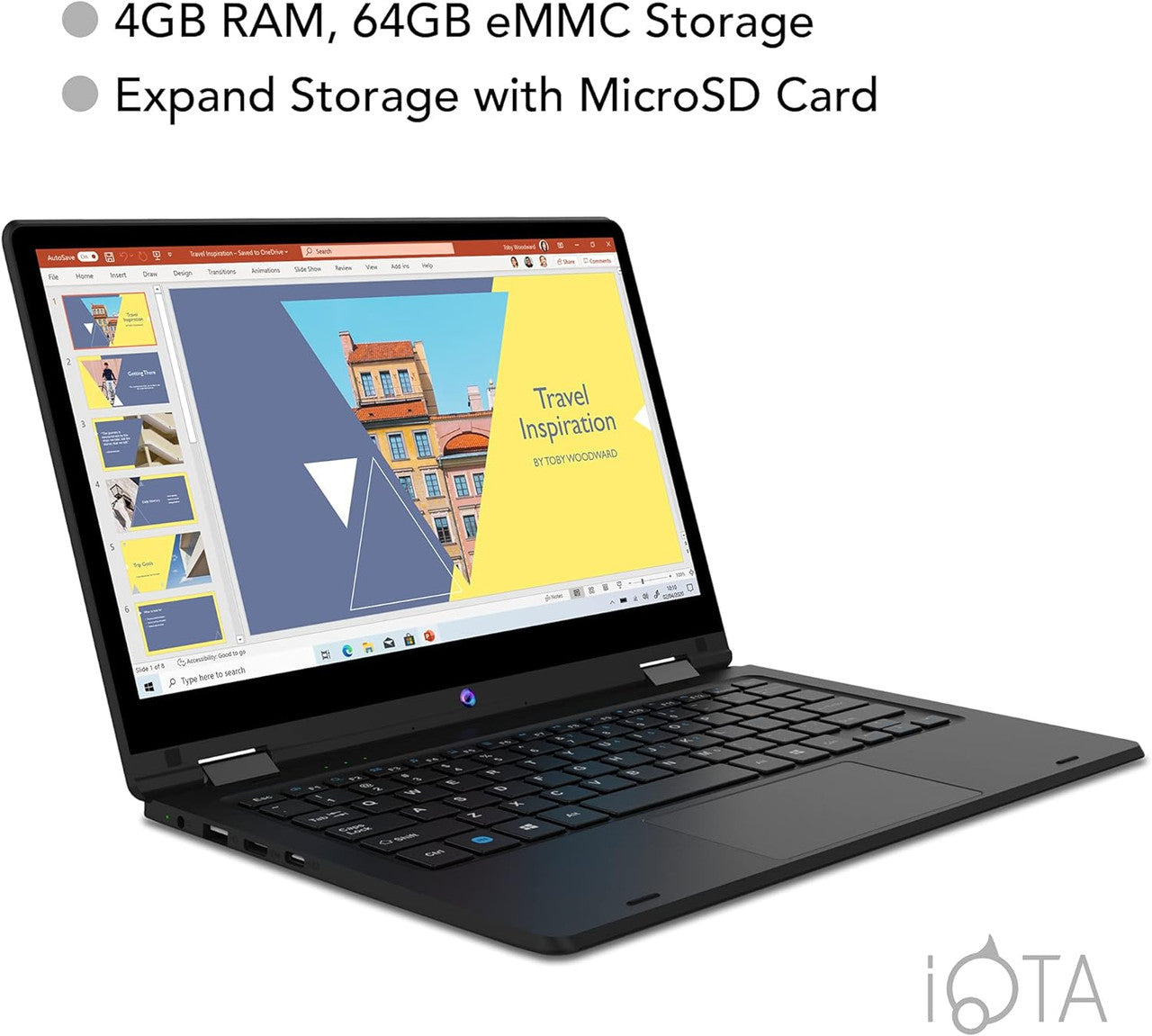 iOTA Flo 360 Touchscreen convertible Laptop 11.6 inch - (Celeron, 4GB RAM, 64GB eMMC, intel UHD graphics, Windows 11 S mode) - Black