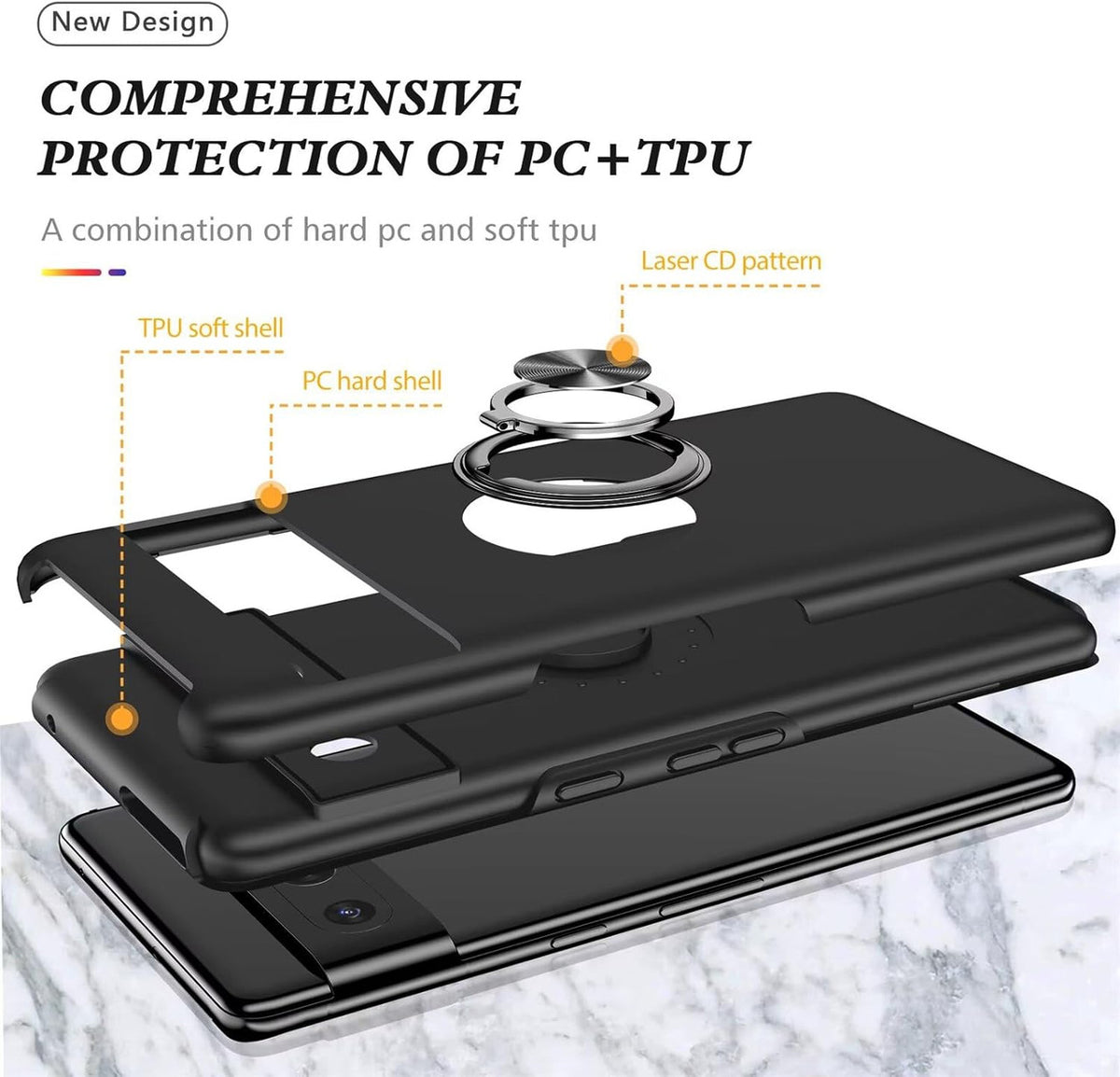 Cover for Google Pixel 7 Pro (6.7 Inches) and 2 Tempered Glass Screen Protector Case with Ring Robust Durable Protective Case - Black