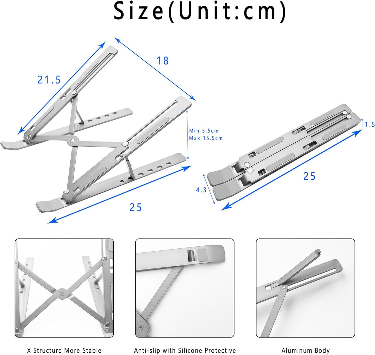 Aitodos® Laptop Stand, Aluminum Alloy, Anti-Slip, Folding, Portable, Ventilation and Cooling, 6-Position Adjustment - Used for office, Sitting Posture Correction