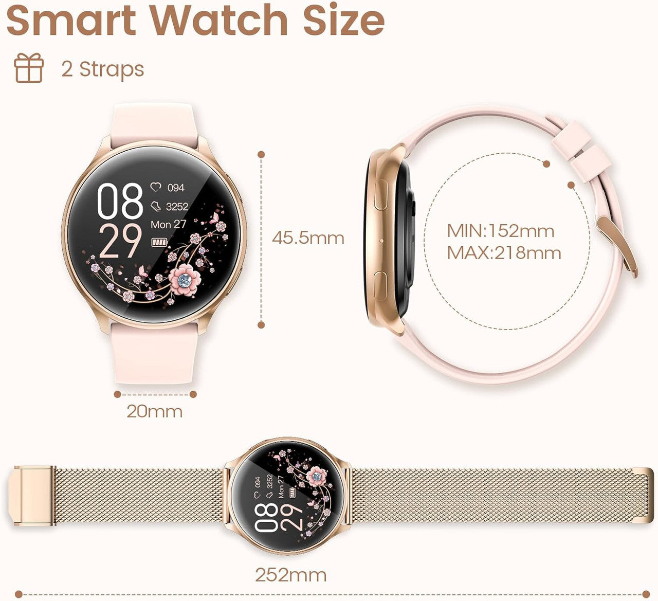 RUXINGX Women's Smartwatch with Phone Function, G35, 1.32 Inch HD Full Touch Screen Watch with SpO2 Heart Rate Monitor Menstrual Cycle Sleep Monitor Pedometer Calories Fitness Tracker IP68 iOS Android Rose