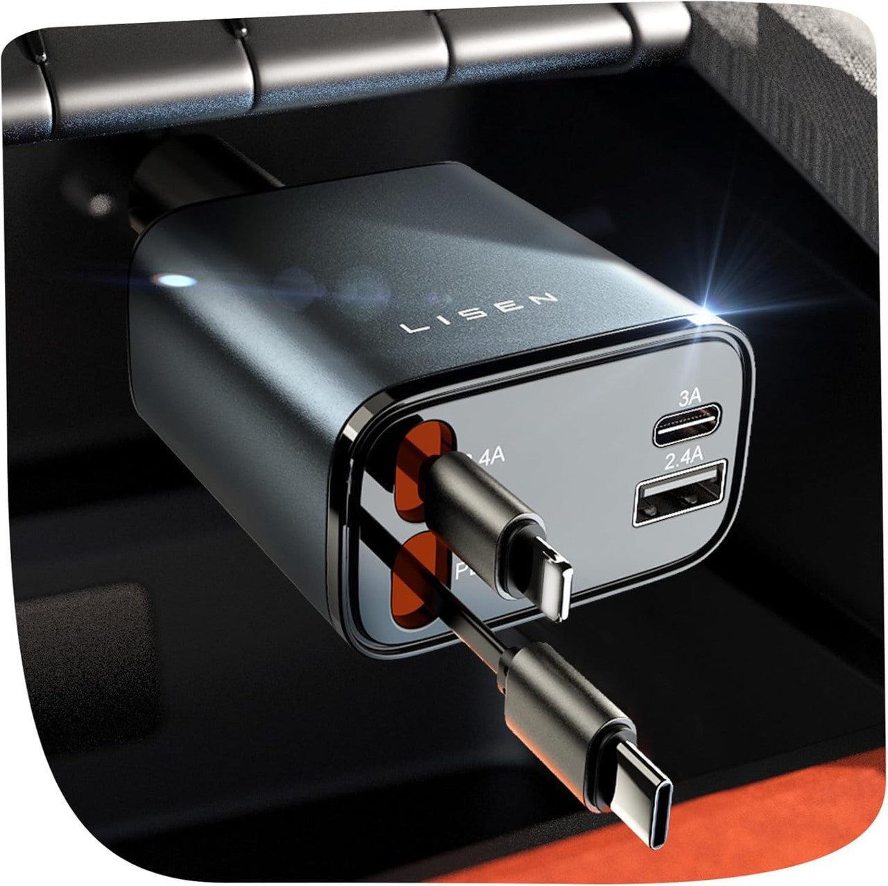 LISEN Retractable Car Phone Charger Cigarette Lighter USB Charger 69W Car Charger USB C Fast Charge Car Accessories Gadgets Christmas for Gifts for Men Women for iPhone 17 Pro Max (Obsidian Matte)