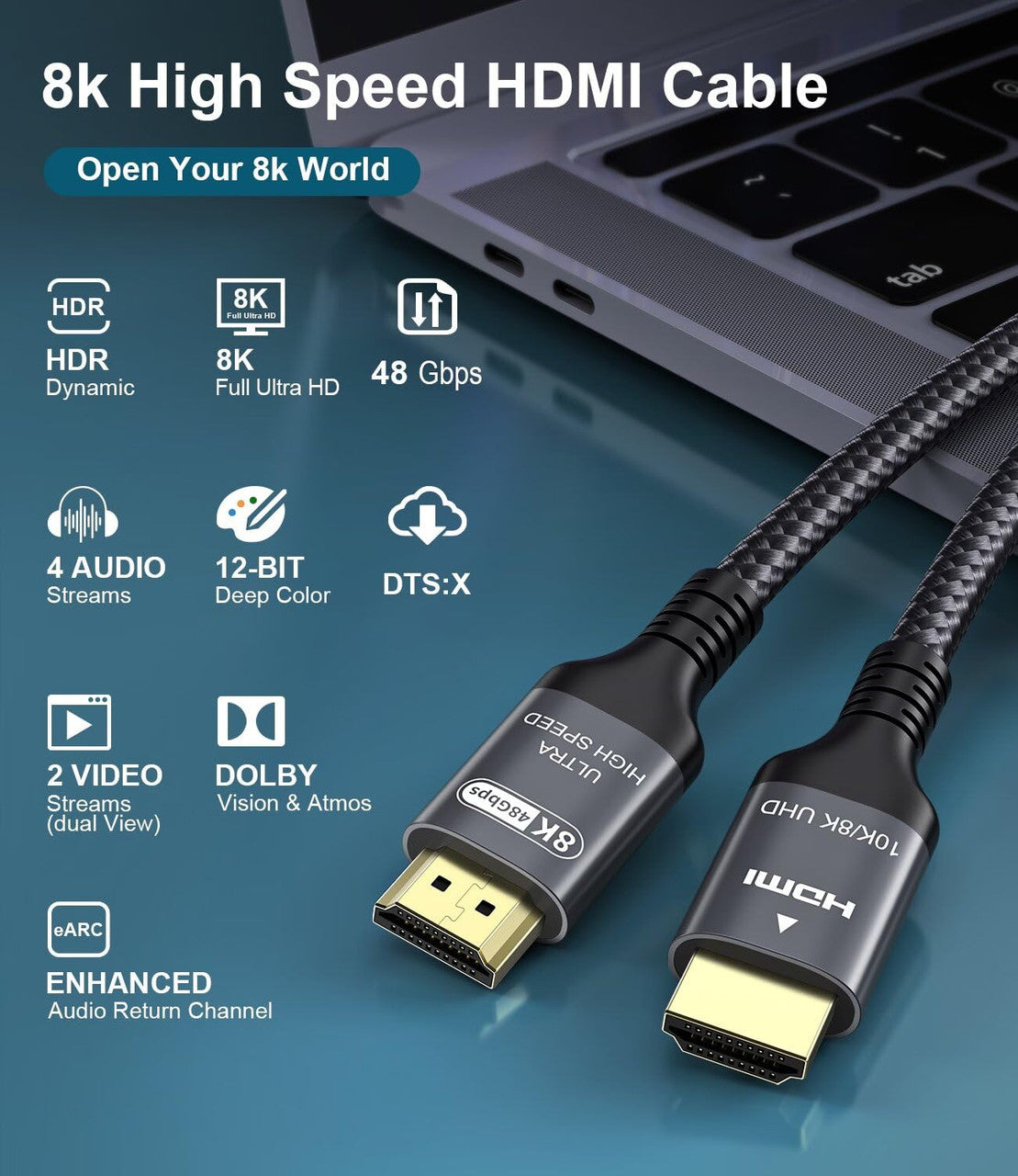 Adauxter 10K 8K HDMI 2.1 Cable 10 FT, Certified 48Gbps Ultra High Speed HDMI Cable with Ethernet 4K 240Hz 165Hz 120Hz 8K 60Hz eARC HDCP2.3 HDR10+ PC Laptop TV Monitor Projector PS5 X-Box