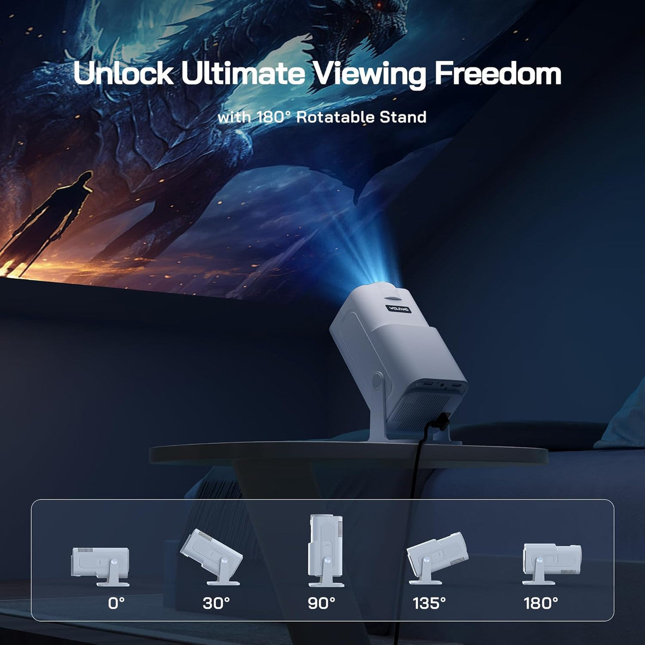 WOLFANG 4K Mini Projector【Built-in Apps/Official Netflix】, 26000 Lumen WiFi 6 Portable Projector with 50% Zoom, 180° Rotatable Smart Home Projector Compatible with TV Stick/iOS/Android/PC/PS5/HDMI/AV