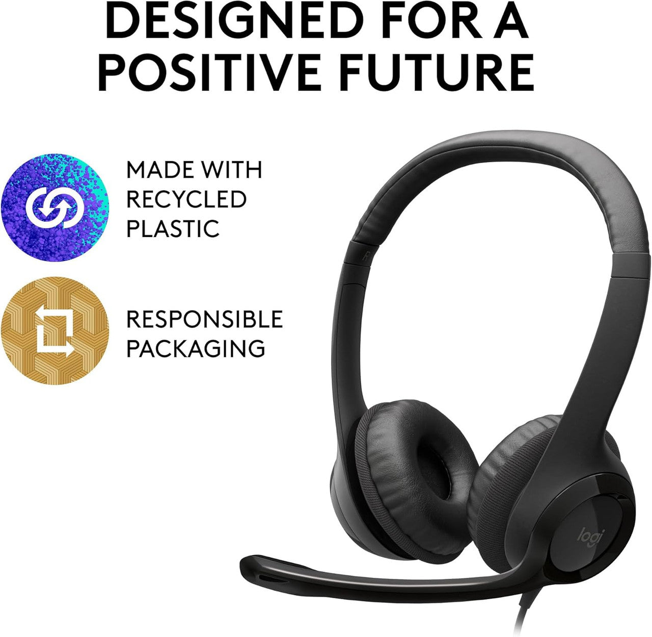 Logitech H390 Wired Headset for PC/Laptop, Stereo Headphones with Noise Cancelling Microphone, USB-A, In-Line Controls, Works with Chromebook - Black