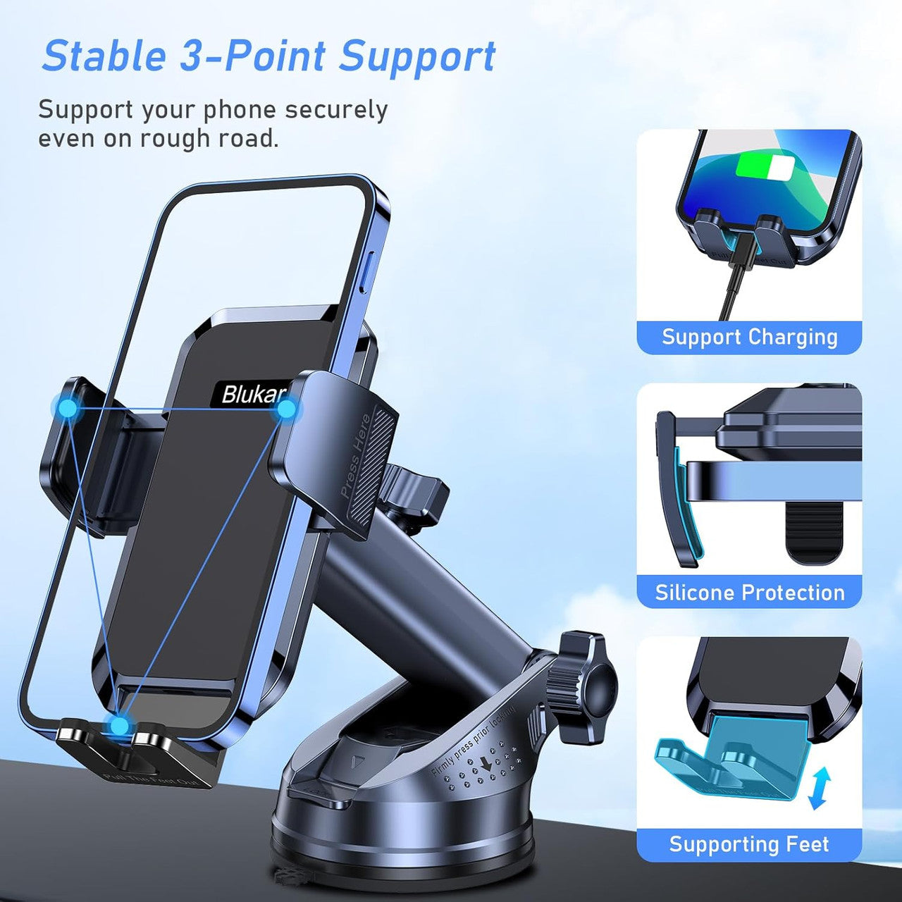 Blukar Car Phone Holder, Adjustable Car Phone Mount 360° Rotation for Dashboard/Windscreen, Upgraded Strong Suction - One Button Release Automobile Cradle for iPhone 4.0''-7.0'' Smartphones