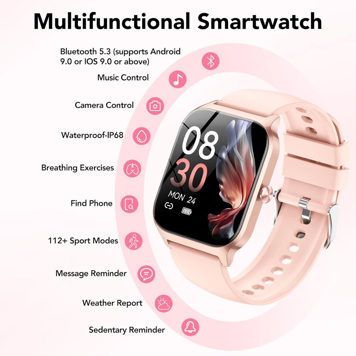 CASCHO Smartwatch Men Women Smart Watch with 4.6 cm 1.85 Inch Touch Screen IP68 Waterproof Smart Watches for Android iOS (Light Pink, Rose Gold)