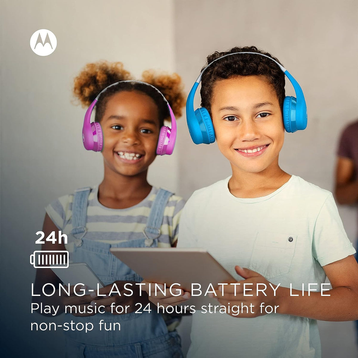 Motorola JR300 Kids Bluetooth Wireless Headphones with Microphone - Lightweight Over Ear, Safe Volume Limit 85dB, Audio Splitter for Sharing - Ideal for School, Travel, Gaming - Pink