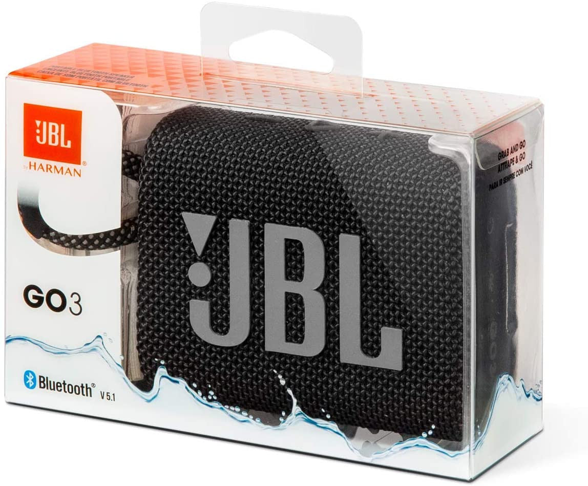 JBL GO 3 - Wireless Bluetooth portable speaker with integrated loop for travel with USB C charging cable, in white