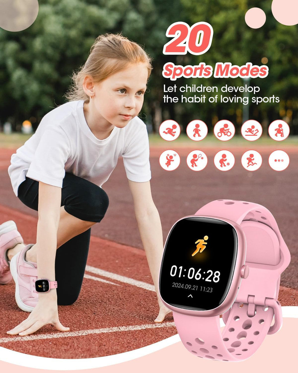 TotsyFun Children's Smartwatch for Boys and Girls, IP68 Waterproof Fitness Activity Tracker Watch, Heart Rate, Sleep Monitor, Pedometer, Alarm Clock, Children's Gifts for Teenagers from 5 Years, Pink