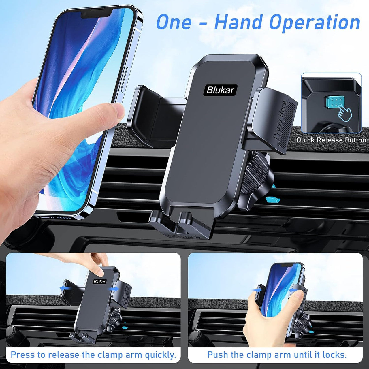 Blukar Car Phone Holder, Air Vent Car Phone Mount Cradle for 360° Rotation, Upgraded Ultra Stable Hook Clip - One Button Release Function for iPhone, Galaxy All 4.0''-7.0'' Smartphones