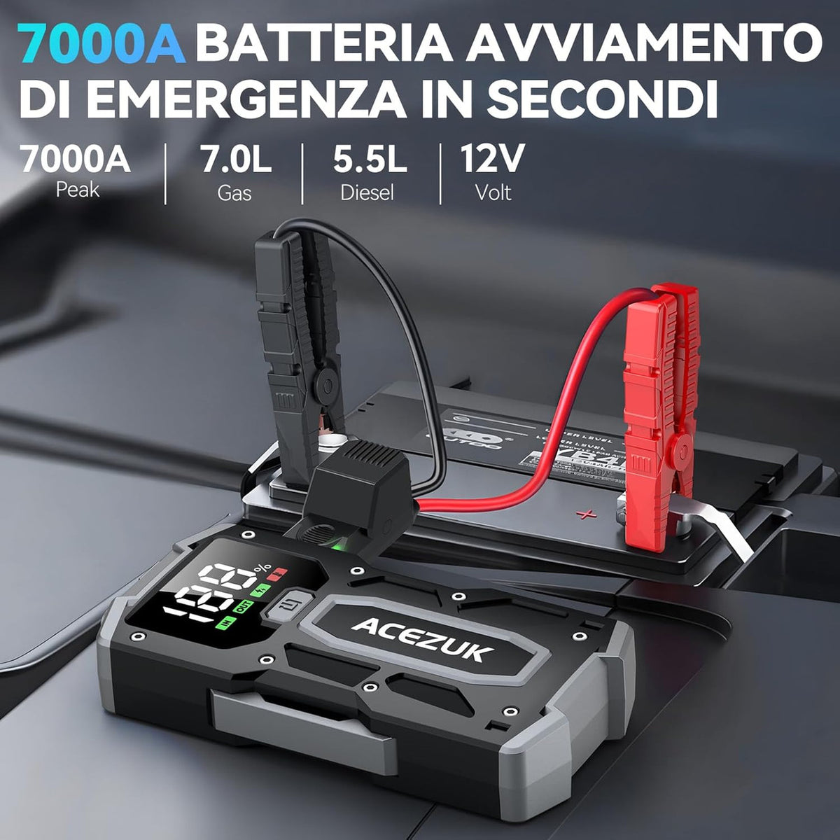 ACEZUK Jump Starter with Display (M01) (Compatible with up to 7.0L Gasoline and 5.5L Diesel Vehicles), 12 V Car Engine Starter, Emergency Start Car, Power Bank Function, LED Light Included